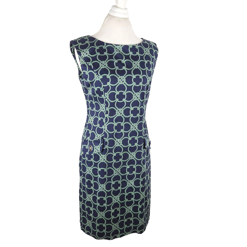 Vintage‎ Talbots Navy Blue Green Geometric Link Print Sheath Midi Dress Size 10